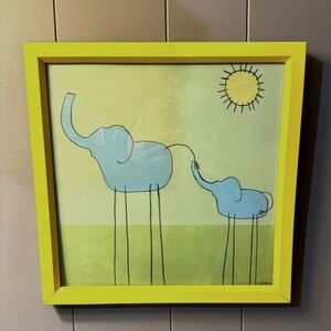 June Erica Vess Stick-Leg Elephant Art Print Yellow Frame Modern Nursery 14 x 14
